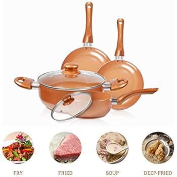 FRUITEAM 6-piece Nonstick Kitchen Cookware Set, Ceramic Coating Cooking Pot and Pans Set, Stock Pot/Milk Pot/Frying Pans Set, Copper Aluminum Pan with Lid, Induction/Gas Kitchenware Set