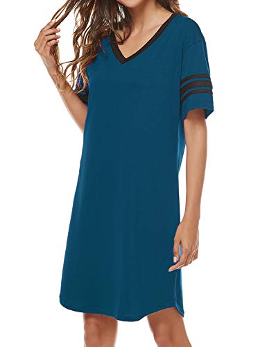 Womens Nightgown V Neck Night Shirts Casual Loose Sleep Dress Loungewear Blue M