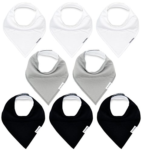 TheAZBaby Baby Bandana Drool Bibs for Boys and Girls, Organic, Plain White, Black and Basic Grey, Unisex 8 Pack Baby Shower Gift Set for Teething and Drooling, Soft Absorbent and Hypoallergenic.