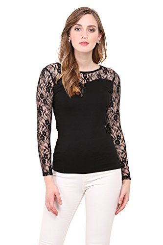 le bourgeois black color body with net yoke full sleeve round neck t-shirt for women