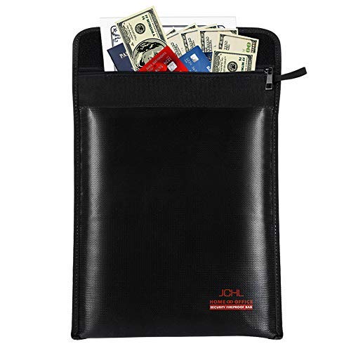 JCHL Fireproof Documents Bag Fire Water Resistant Bag 15"x11" Fireproof Bag Safe Storage for Money Documents Jewelry LiPo Battery Passport No-Itch Silicone Coated Fiberglass (New Upgraded) Black