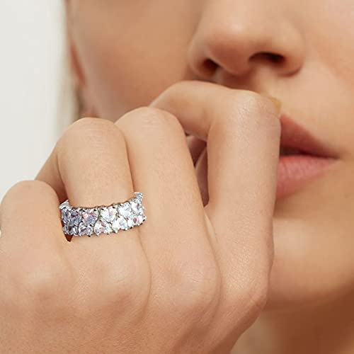 UHIBROS 2Rows Heart Cut Eternity Ring 14K Silver Plated Cubic Zirconia Wide Wedding Band Fashion Rings for Women Men