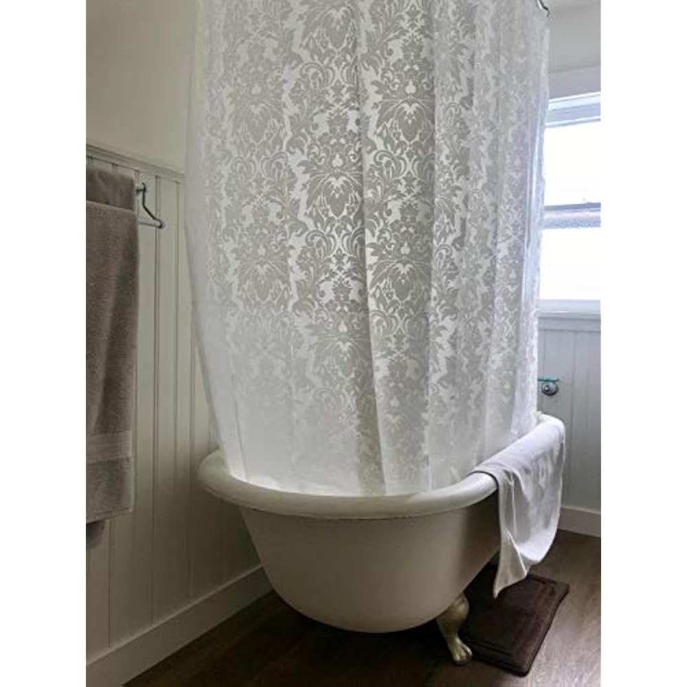 White Floral Damask All Around Shower Curtain Set 180 X 70 Extra