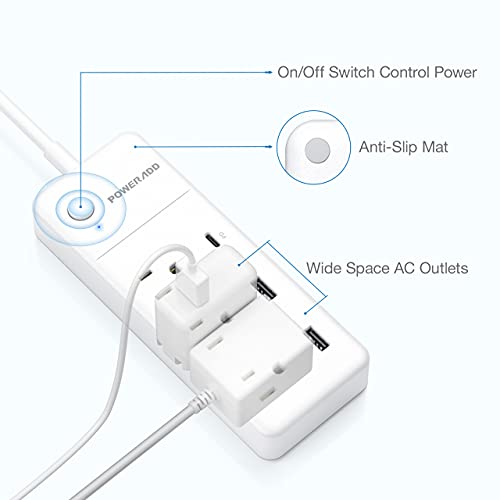 UPoweradd Power Strip with USB C PD 20W for iPhone 12, 3 AC & 3 USB(30W), Overload Protection, 6ft Extension Cord Flat Plug for Cruise Travel, Home & Office - White