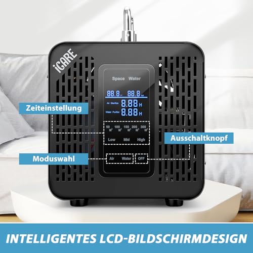 Smart Ozone Generator 60000 mg/h with 2 Modes, Digital Ozone Generator for Water and Air, Ozone Device with 120 Minute Timer for 300 ㎡ Odour Killer for Car, Smoke, Pet Odours, Kitchen Odours