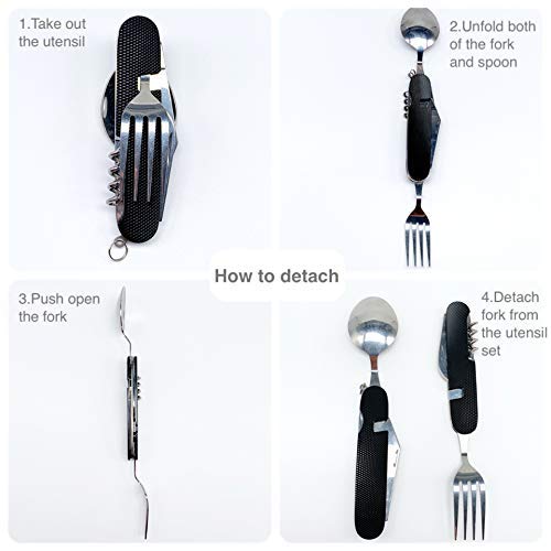 6-in-1 Multi-Function Camping Flatware Utensil Folding Knife Cutlery Detachable Pocket Kits with Carrying Pouch (2 Packs: Black + Green)