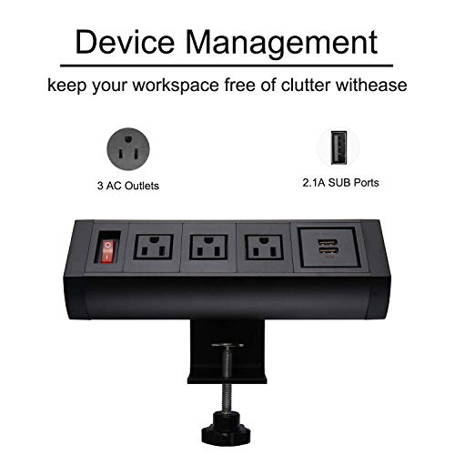 Desktop Clamp Power Socket with 2 USB Ports, Removable Mount Multi-Outlets with Switch, Desk Power Bar Station Connect 3 Plugs for Reading Home Office