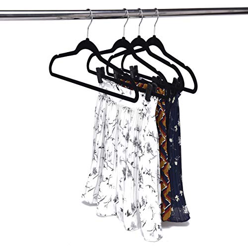JS HANGER 50 Pack Velvet Multi-use Hangers with 10 PCS Clips for Coat, Suit, Pant, Dress and Skirt - Non-Slip Clothing Hanger with Notches, Space-Saving Slim Hanger, Black - Thumbnail 3