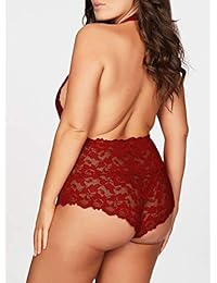 Lencería de talla grande para mujer, sexy, sin espalda, sin espalda, sin fondo, con encaje, vestido de peluche, una pieza