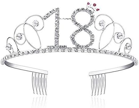 Veewon 18th Birthday Tiara Crown Crystal Princess Crowns Happy Birthday Hair Accessories, Silver