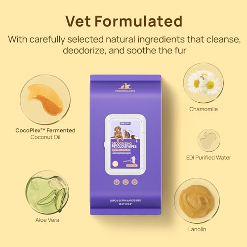 HICC PET Cleaning Deodorizing Glove Wipes for Dogs & Cats, Vet Recommended Hypoallergenic Hydrating & Nourish Fur Pet Grooming Glove Wipes, Pet Bathing Wipes for Horse Coat Care, 20pcs Coconut Scent