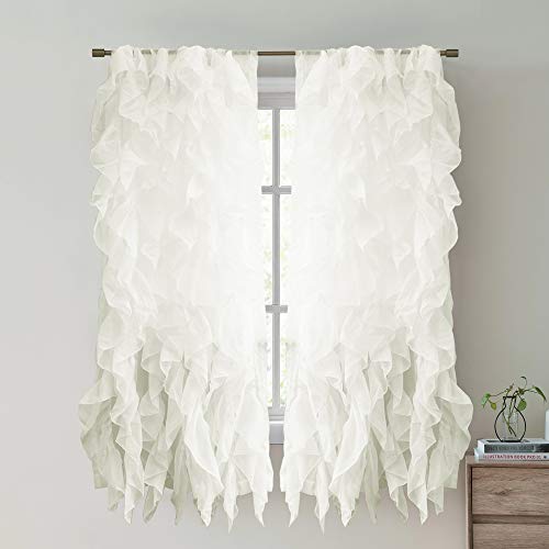 Sweet Home Collection - SHRPNL-63-IVR-2PK Sheer Voile Vertical Ruffled Window Curtain Panel, 63 x 50, Ivory, 2 Piece