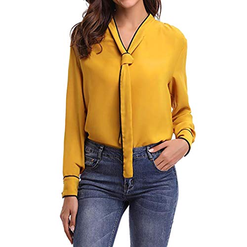 KFSO Women Autumn O Neck Long Sleeve Chiffon Bandage Tie Top Casual Blouse Tops T-Shirt (Yellow, M)