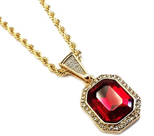Gemstone Pendant Necklace with 24" 3mm Rope Chain (Octagon Ruby Gold)