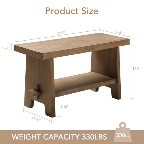 HOKYHOKY Solid Wood Entryway Bench - 31.5" Farmhouse Small Storage Bench, Rustic Narrow Bench Seat for Indoor, Entryway, Dining Room, Living Room and Hallway, Brown