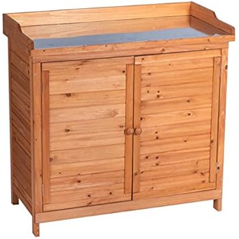 GOOD LIFE Outdoor Garden Patio Wooden Storage Cabinet Furniture Waterproof Tool Shed with Potting Benches Outdoor Work Station Table Nature Color LNG543