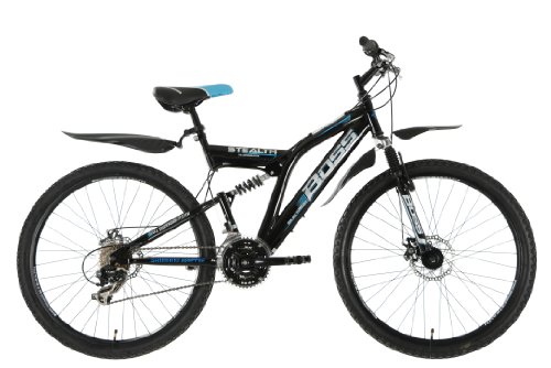 Boss StealthMens' Mountain Bike Black, 26' inch steel frame, 21 speed front and rear mudguards front and rear mechanical disc brake