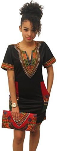 NOMENI Women Sexy Ethnic Style Print V-collar Casual Short Sleeve Dress (M)