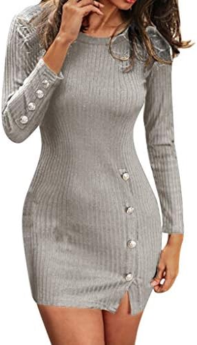 HEHEMAUD Women Solid Color Slim Fit Sexy Button Long Sleeve Split Casual Sweater Dress Black Gray Red S M L XL XXL