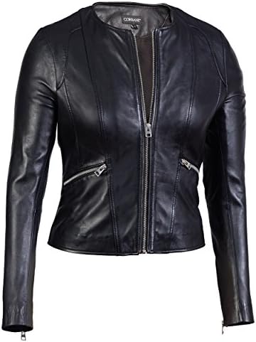 Womens Collarless Round Neck Black Genuine Leather Jacket – Lambskin (Small)