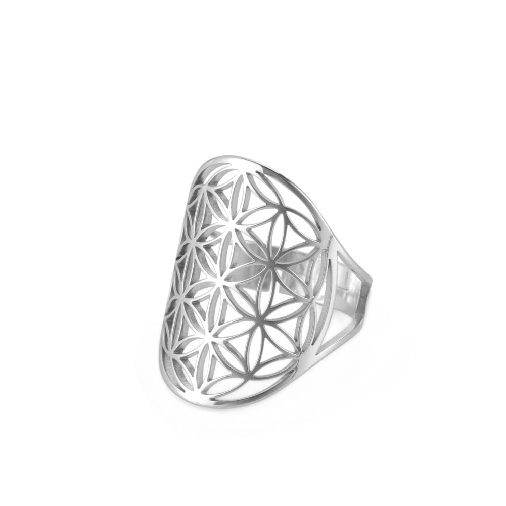 Flower of Life Ring Adjustable Filigree Flower Ring Band For Women Large Hollow Finger Rings Cosplay Party Jewelry (adjustable, 316, silver tone)