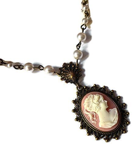 Cameo Necklace in Pink and White featuring a Lady's Portrait with Swarovski pearls and sea shell