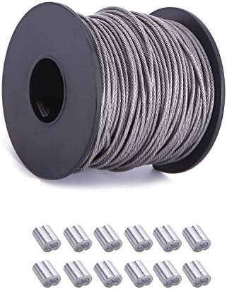 NITOO Stainless Steel 304 Wire Rope,7x7 Strand Core,for Hanging String Light,Picture Frames, Artwork ， Wire Rope Outer diameter is 1/16 inches,100FT Length Cable,120 lbs Breaking Strength