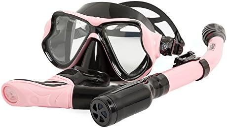 FYU Snorkel Set with Tempered Glass Dry Top Snorkel Set/Anti-Fog Lens, Diving Mask for Adults Women Men Snorkeling Diving (PK-BK2/Double Lens)