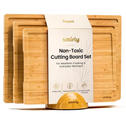 SMIRLY Bamboo Cutting Boards for Kitchen - Wood Cutting Board for Meal Prep, Serving, Charcuterie - Kitchen Gadgets, House Warming Gifts - Wooden Chopping Board Set of 3 with Holder - Natural Bamboo