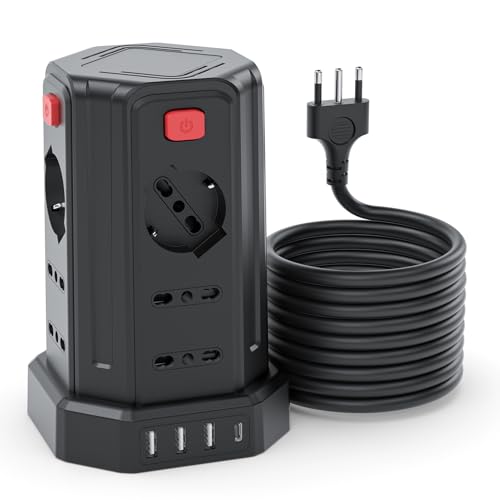 5 Metre Power Strip with 12 Universal Sockets 10/16A ITA and Schuko and 3 USB A+1 USB C Overvoltage Protection with 4 Independent Switches, Black