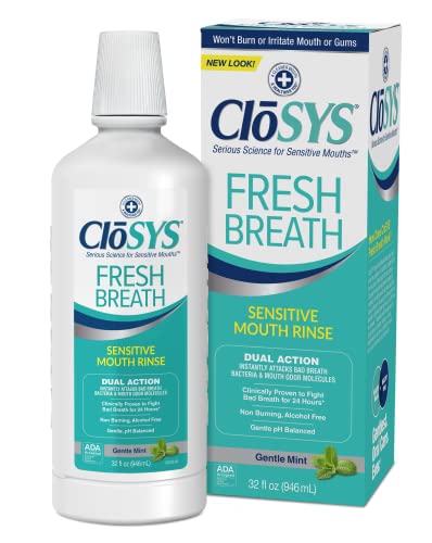 CLOSYS SENSITIVE MOUTHWASH, 32 OUNCE, 2 COUNT, GENTLE MINT, ALCOHOL FREE, DYE FREE, PH BALANCED, HELPS SOOTHE MOUTH SENSITIVITY, FIGHTS BAD BREATH