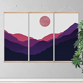 3 Panel Hanging Poster Wooden Framed Sun and Mountain Home Wall Canvas Prints Ready to Hang - 18"x36"x3 Panels