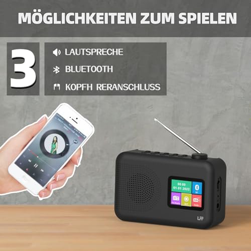 LFF Digital Radio DAB Small Digital FM Radio with DAB+ and Bluetooth, Colour Display, Battery or Cable Function - Black