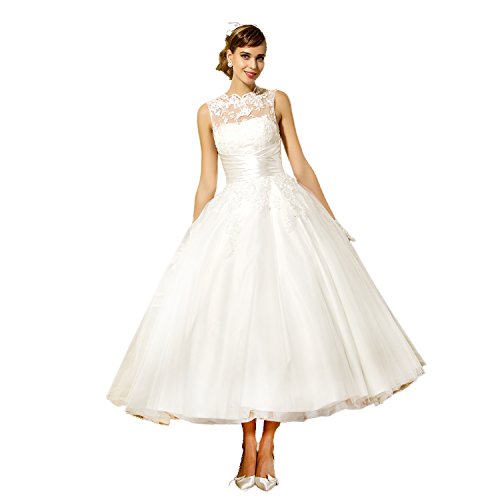 TS Women's Vintage Princess Wedding Dress - Reception Ankle-length Jewel Tulle with Appliques / Button / Sash / Ribbon for Petite and Plus Sizes,White20W