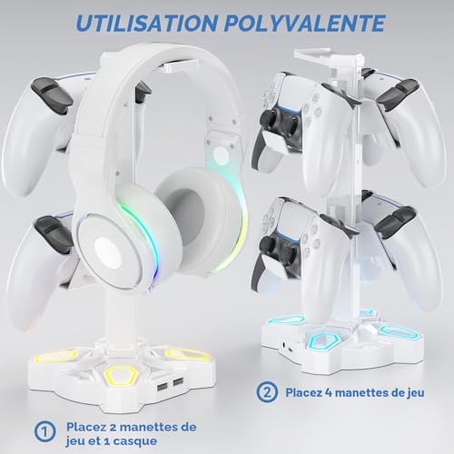 Support Casque Gamer, Porte Casque Rotatif avec 9 Modes de Lumière, Support Manette avec 2 Ports USB, Port 3.5 mm et Type C, Repose Casque & Porte Manette pour PS5 PS4 Xbox Series X One; Blanc