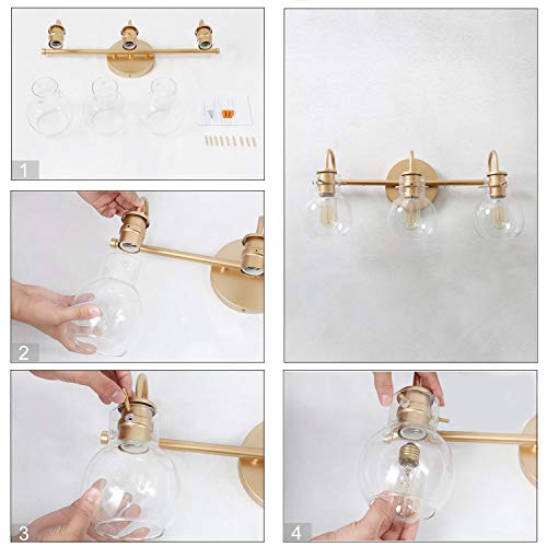 KSANA Bathroom Light Fixtures, Gold Bathroom Vanity Light Fixtures with Clear Glass Shade, 22"x7"x9"