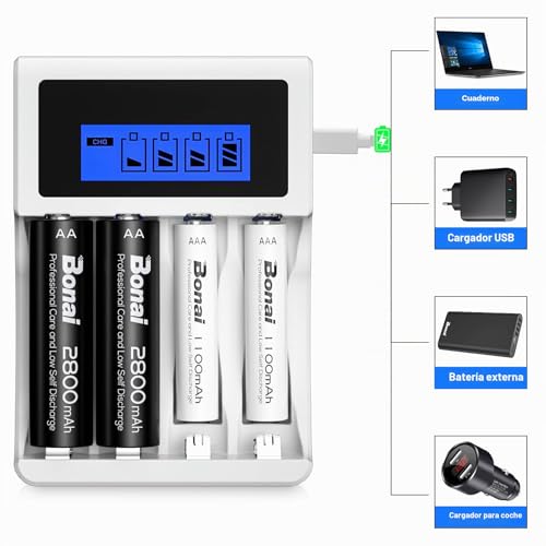 BONAI LCD Rechargeable Battery Charger with 4 Bay AA AAA, 4 Pieces AA 2800mAh & 4 Pieces AAA 1100mAh Ni-MH