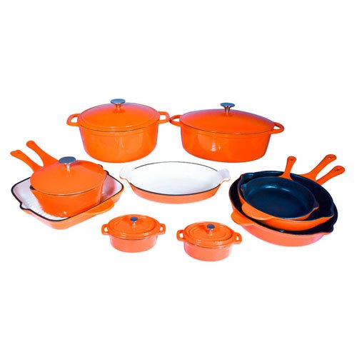 Le Chef 15 Piece ALL Enamel Cast Iron Orange Cookware Set.