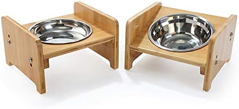 FOREYY Set of 2 Raised Pet Bowls for Cats and Small Dogs – Bamboo Tilted Single Elevated Dog Cat Food and Water Bowls Stand Feeder with 3 Stainless Steel Bowls and Anti Slip Feet for Comfort Feeding