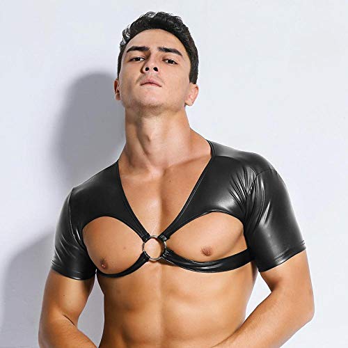 Culotte-E-Parigamba-Magliette-Da-Uomo-In-Ecopelle-Sexy-Lattice-Maschio-Dj-Club-Wear-Nero-Wet-Look-T-Shirt-Attillate-Gay-Pvc-Divertente-Corsetto-Dancewear-Lingerie-BlackM