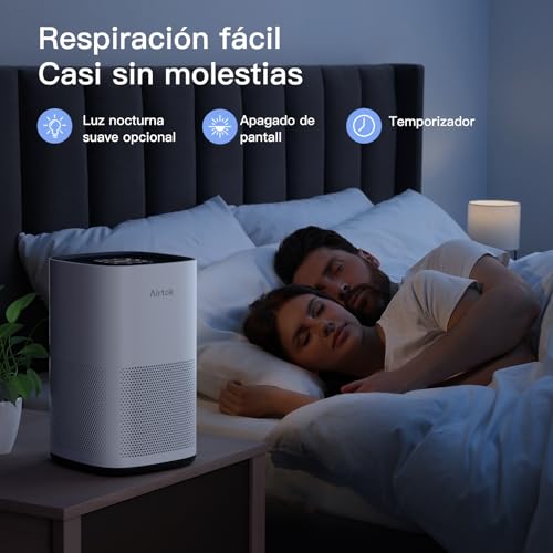 Purificador de Aire AIRTOK para Habitaciones Grandes de Hasta 74 m², Filtro HEPA H13 Verdadero para Alergias, Humo, Caspa de Mascotas, Pelo de Mascotas, Polvo y Polen, Silencioso, Sin Ozono, Blanco