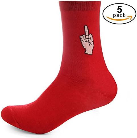 Women's Novelty Crazy Middle Finger Cotton Casual Hip Hop Crew Socks For Gag, Fit Size 6-9 (Red, 5 Pairs)