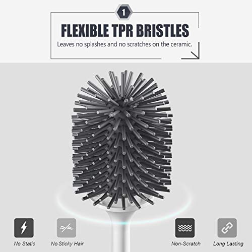 Sysmie Toilet Brush and Holder with a Replacement Head, Silicone Bristles Bathroom Toilet Bowl Brush and Caddy Kit with Bonus Cleaning Gloves - (White, Flooring/Wall Mountable)
