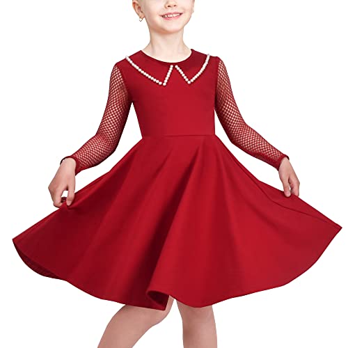 Girls Dress Red Sheer Mesh Long Pearl Cotton