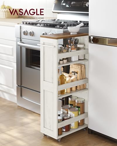 VASAGLE 4 Tier Slim Storage Trolley Kitchen Shelf with Wheels with Handle Small Space 20 x 43.2 x 86.5 cm Bathroom Laundry Rustic Cream White and Honey Brown LRC051K01