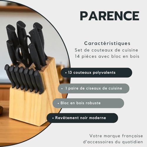 .- Set de couteaux de cuisine 14 pièces avec bloc en bois – Lames en acier inoxydable revêtement noir