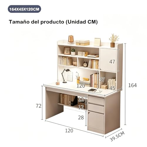 FORKUSO Escritorio con Cajones y Repisa, Computadora Minimalista. Oficina, Madera (Desk). 120 * 45 * 164CM 4 estantes, 3 cajones, 2 armarios. para Sala, Dormitorio o Juegos (Blanco)
