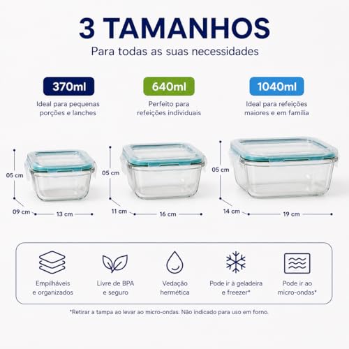 Kit 3 Potes Herméticos de Vidro com Tampa Vedação Silicone 370ml 640ml 1040ml – Livre de BPA, Vai ao Forno, Micro-ondas e Lava-louças Organizador