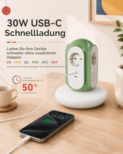 Steckdosenleiste mit 3 Steckdosen & 2 USB-C (30W Schnellladung), 3680W/16A, 1420J Überspannungsschutz, 479g Standfuß, 2 m Verlängerungskabel, Überlastschutz, kompatibel mit Typ C/E/F