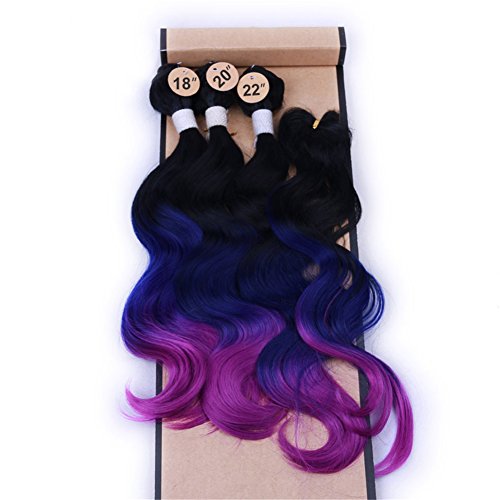 HANNE Ombre Color Hair Synthetic Body Wave Hair 18"20"22" with Closure Heat Resistant Fiber Hair Colorful Synthetic Hair Extensions (Black&Blue&Purple)